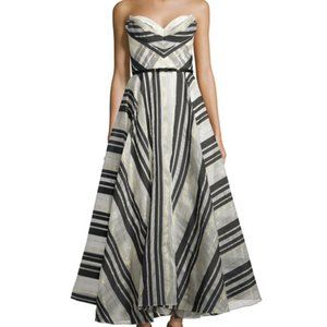NWoT Marchesa Notte Silk Strapless Striped Evening Ball Gown Ivory Black Gold 8
